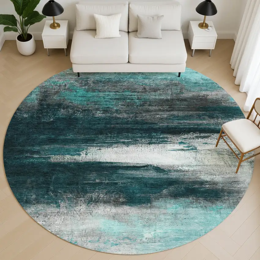 8' Teal And Gray Abstract Washable Round Rug With UV Protection Photo 4