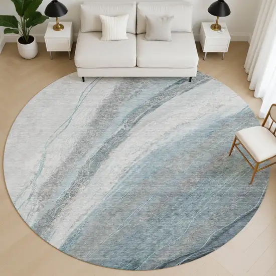 8' Teal And Gray Abstract Washable Round Rug With UV Protection Photo 4