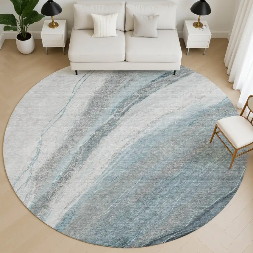 8' Teal And Gray Abstract Washable Round Rug With UV Protection Photo 4