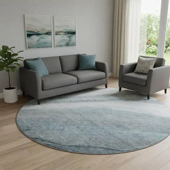8' Teal And Gray Abstract Washable Round Rug With UV Protection Photo 2