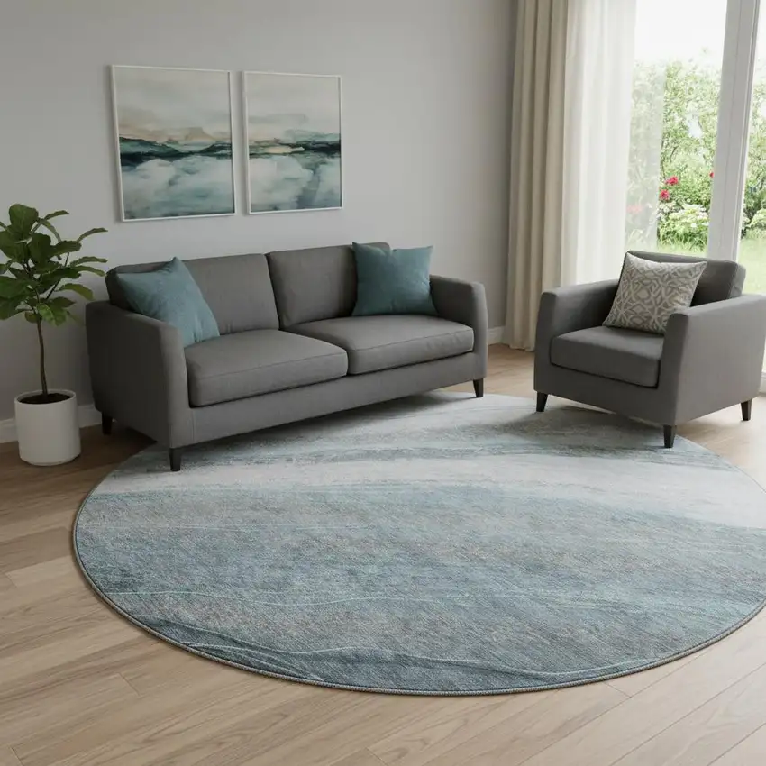 8' Teal And Gray Abstract Washable Round Rug With UV Protection Photo 2