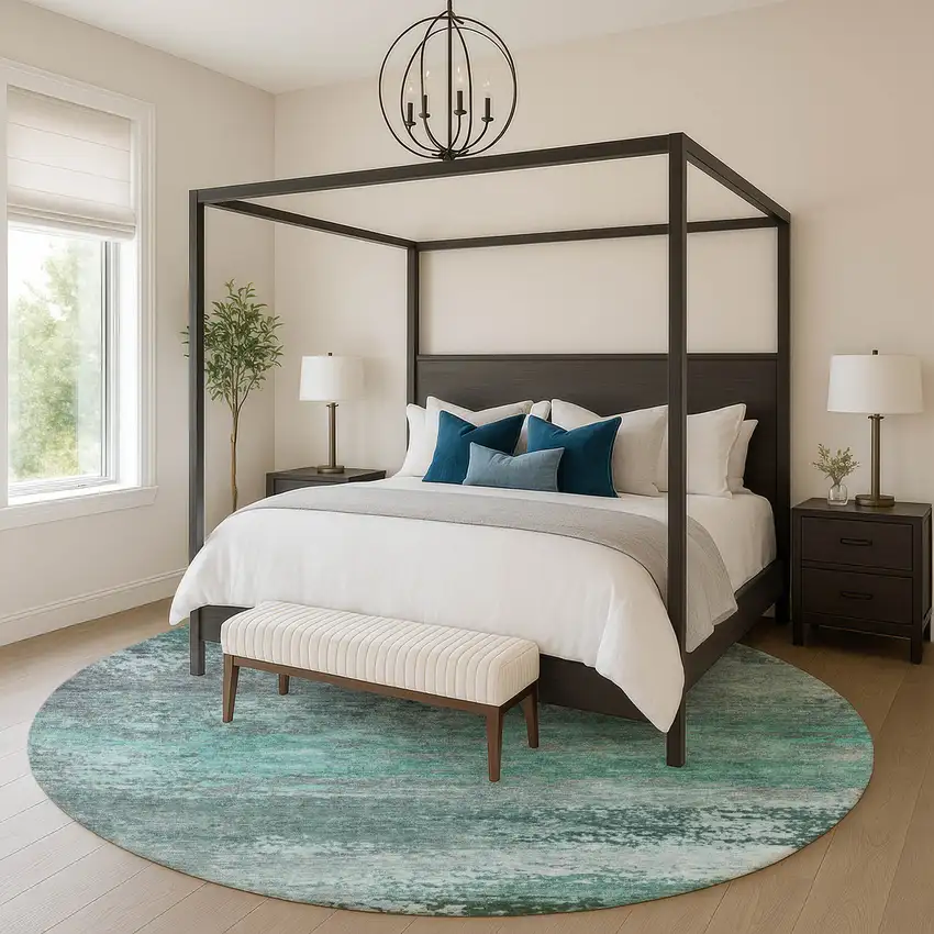 8' Teal And Gray Abstract Washable Round Rug With UV Protection Photo 5