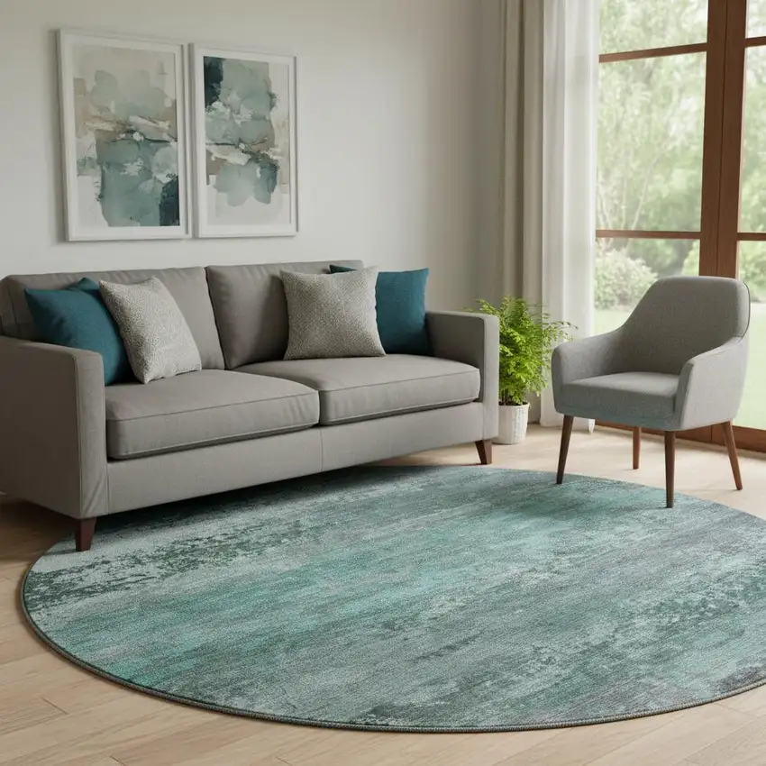 8' Teal And Gray Abstract Washable Round Rug With UV Protection Photo 2