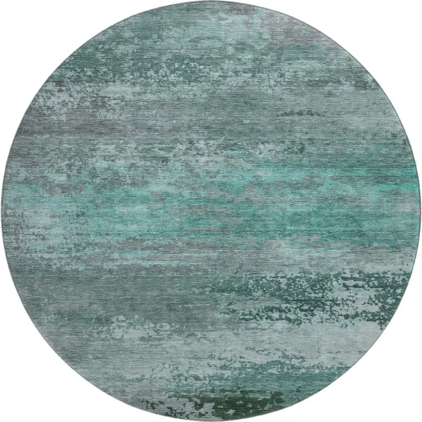 8' Teal And Gray Abstract Washable Round Rug With UV Protection Photo 1