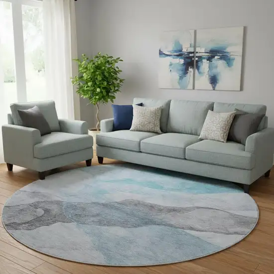 8' Teal And Gray Abstract Washable Round Rug With UV Protection Photo 2
