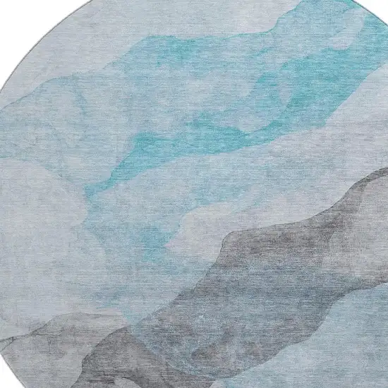 8' Teal And Gray Abstract Washable Round Rug With UV Protection Photo 6
