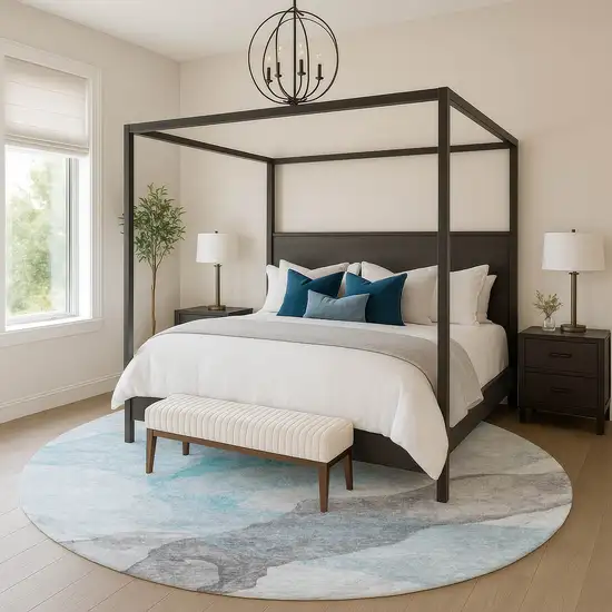 8' Teal And Gray Abstract Washable Round Rug With UV Protection Photo 4