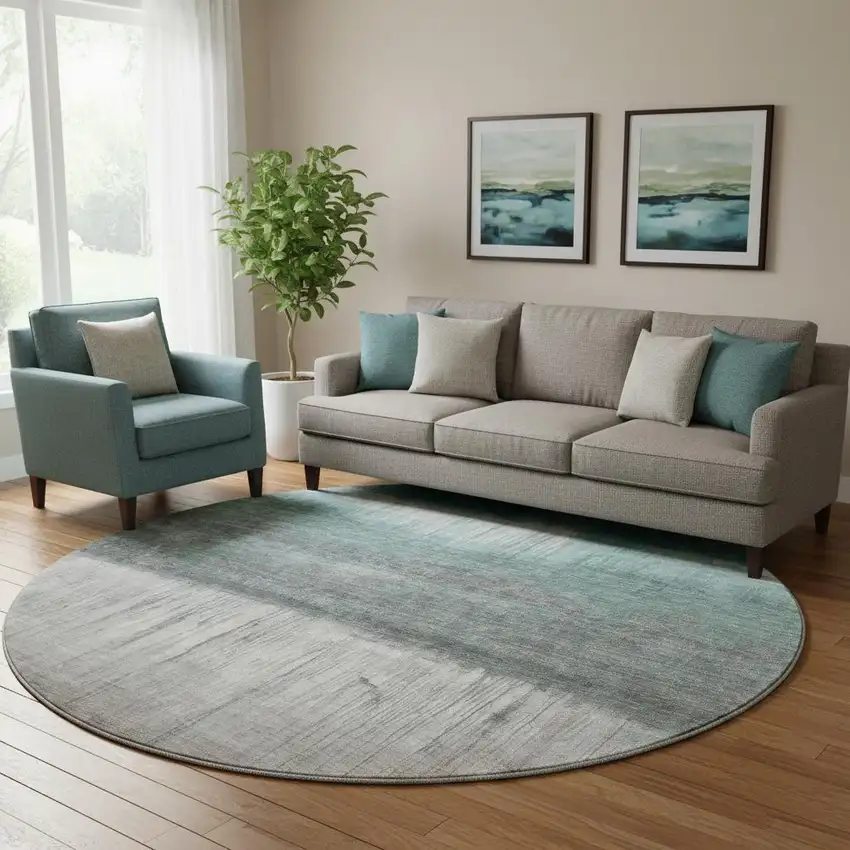 8' Teal And Gray Abstract Washable Round Rug With UV Protection Photo 2