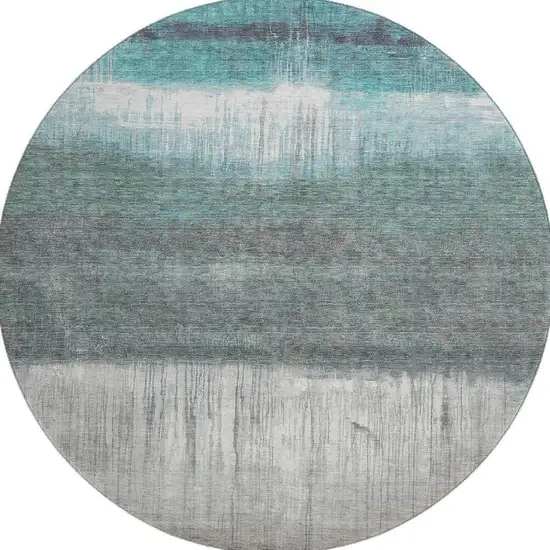 8' Teal And Gray Abstract Washable Round Rug With UV Protection Photo 3