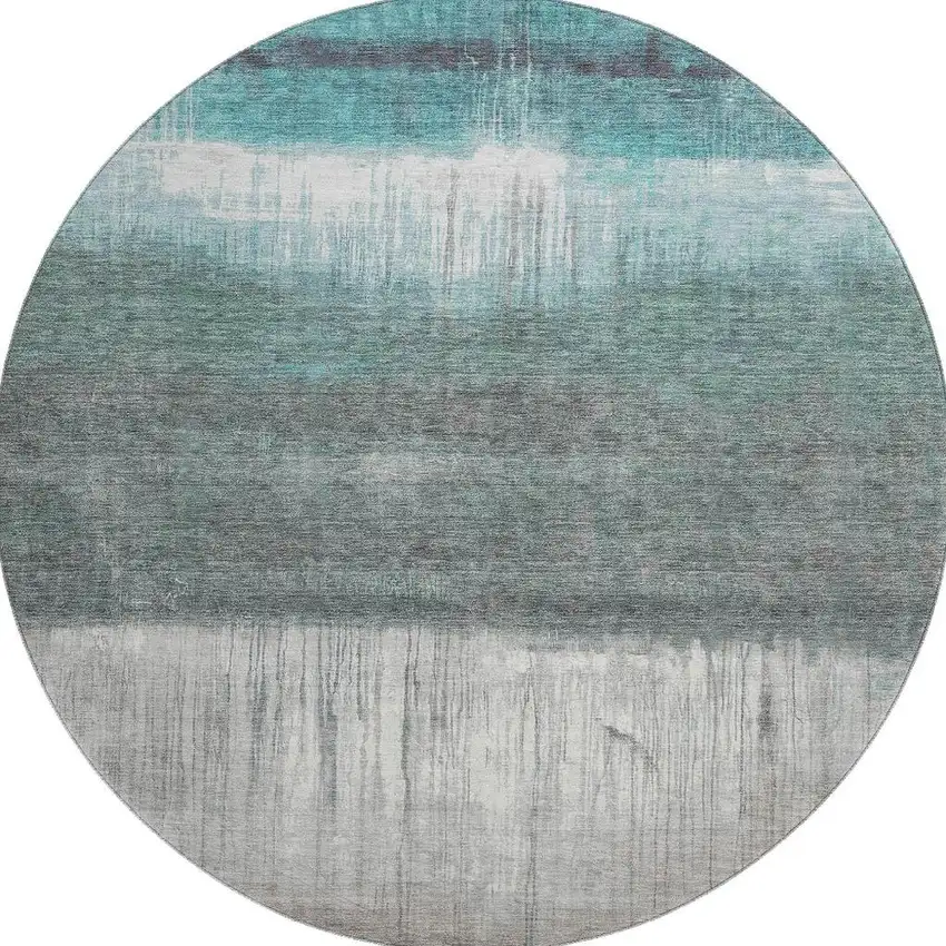 8' Teal And Gray Abstract Washable Round Rug With UV Protection Photo 3