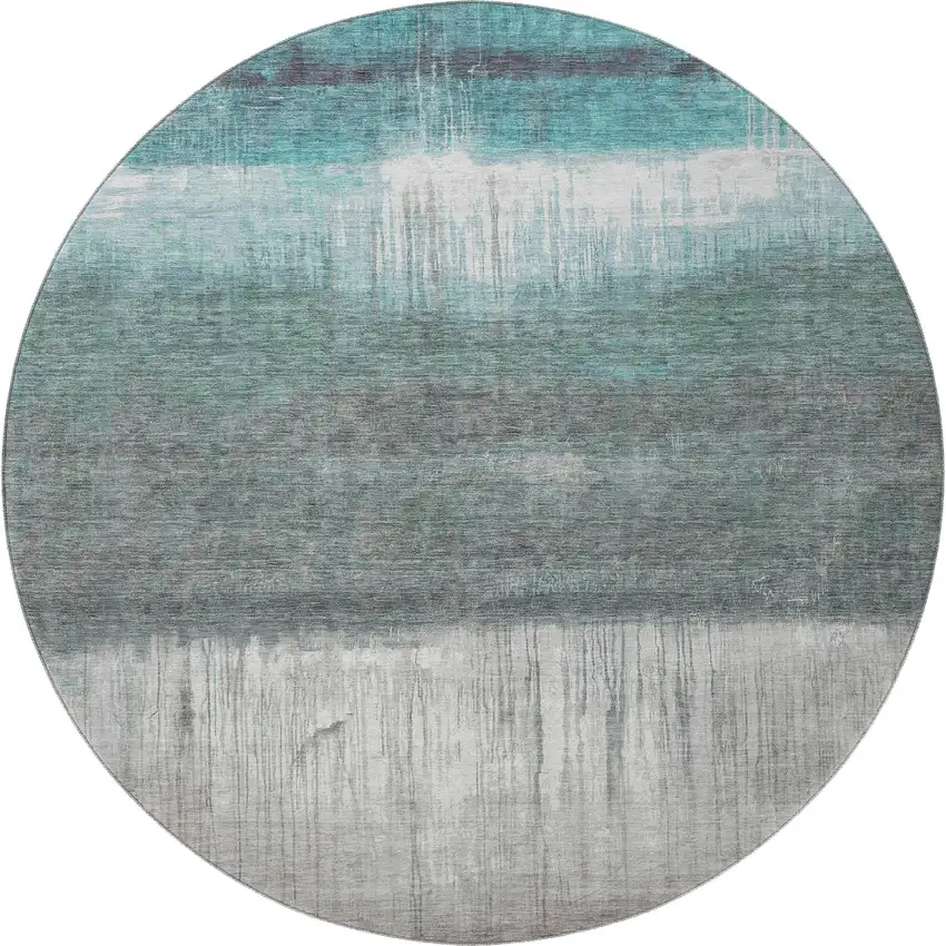 8' Teal And Gray Abstract Washable Round Rug With UV Protection Photo 4