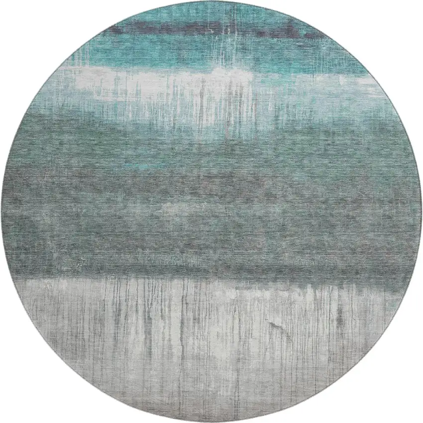 8' Teal And Gray Abstract Washable Round Rug With UV Protection Photo 1