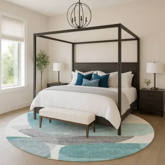 8' Teal And Gray Abstract Washable Round Rug With UV Protection Photo 5