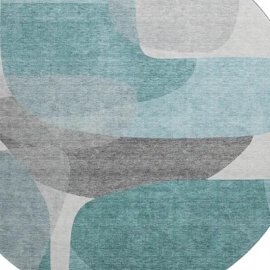 8' Teal And Gray Abstract Washable Round Rug With UV Protection Photo 3