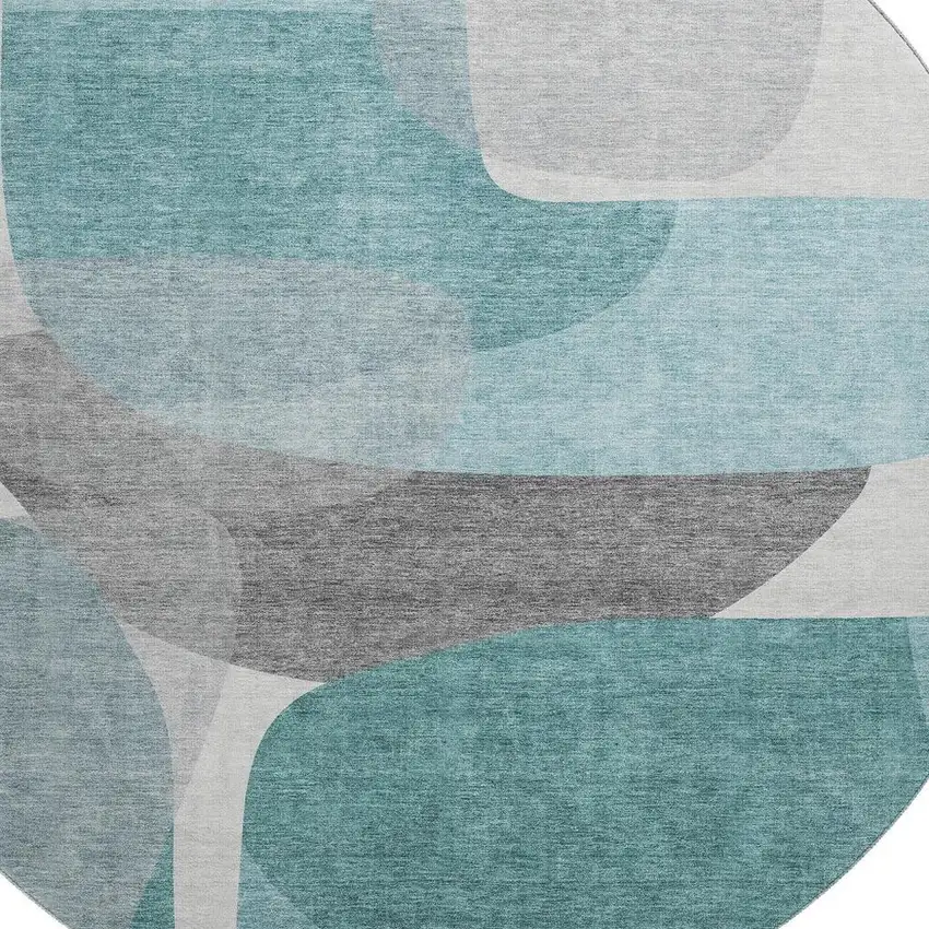 8' Teal And Gray Abstract Washable Round Rug With UV Protection Photo 3