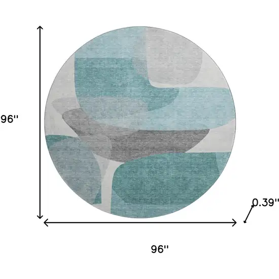 8' Teal And Gray Abstract Washable Round Rug With UV Protection Photo 8