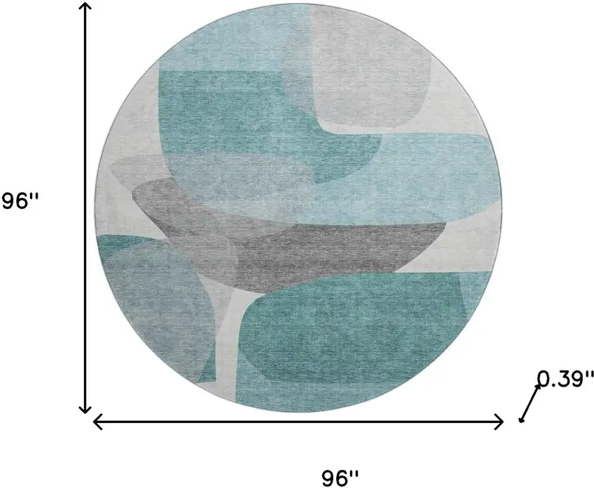8' Teal And Gray Abstract Washable Round Rug With UV Protection Photo 8