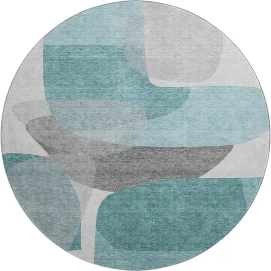 8' Teal And Gray Abstract Washable Round Rug With UV Protection Photo 1