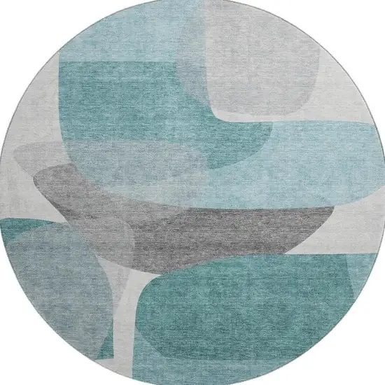 8' Teal And Gray Abstract Washable Round Rug With UV Protection Photo 4