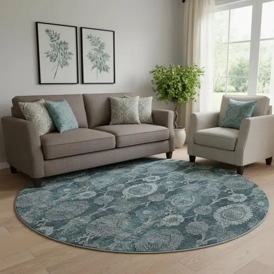 8' Teal And Gray Damask Washable Round Rug With UV Protection Photo 1