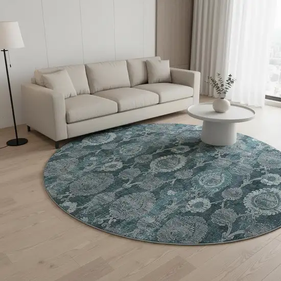 8' Teal And Gray Damask Washable Round Rug With UV Protection Photo 2