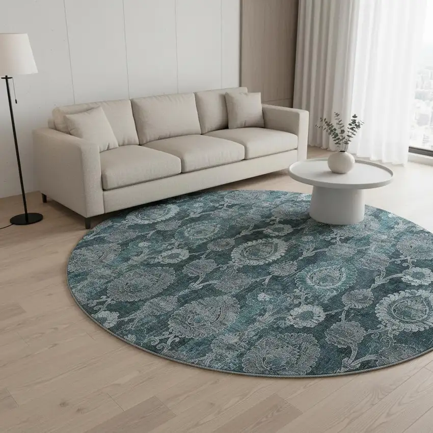 8' Teal And Gray Damask Washable Round Rug With UV Protection Photo 2