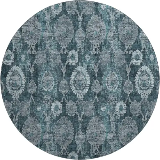 8' Teal And Gray Damask Washable Round Rug With UV Protection Photo 1