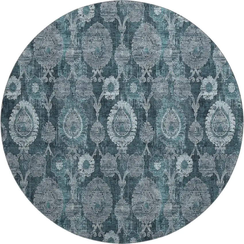 8' Teal And Gray Damask Washable Round Rug With UV Protection Photo 1
