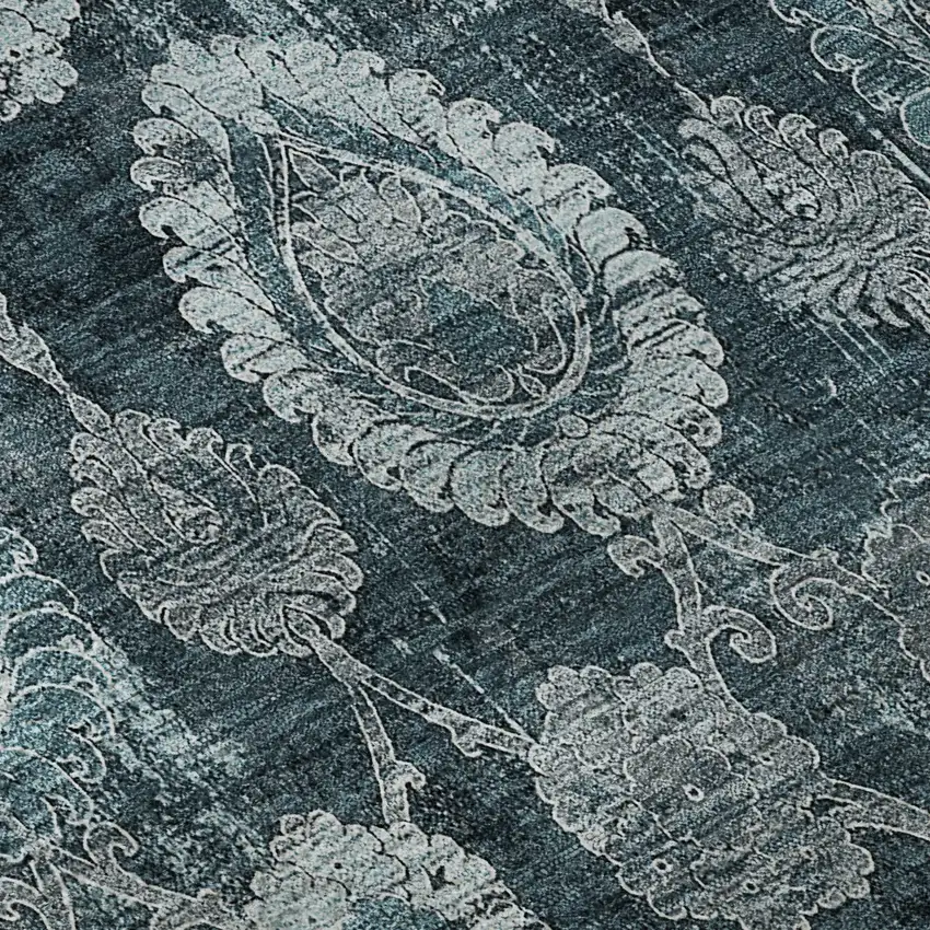 8' Teal And Gray Damask Washable Round Rug With UV Protection Photo 9