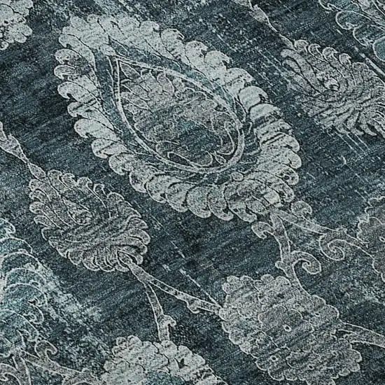 8' Teal And Gray Damask Washable Round Rug With UV Protection Photo 9