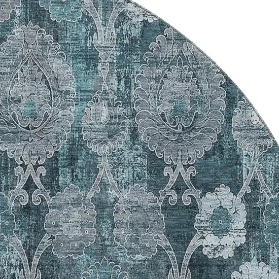 8' Teal And Gray Damask Washable Round Rug With UV Protection Photo 3