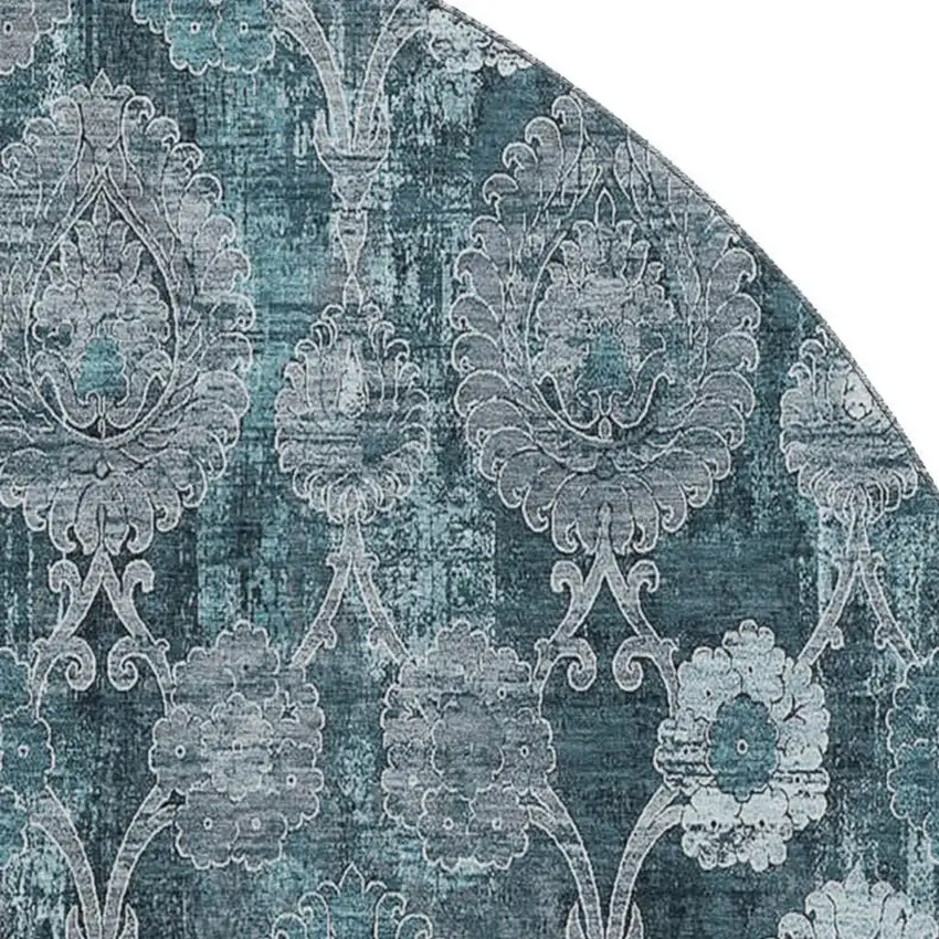 8' Teal And Gray Damask Washable Round Rug With UV Protection Photo 3