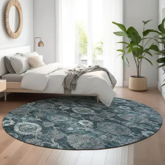 8' Teal And Gray Damask Washable Round Rug With UV Protection Photo 5