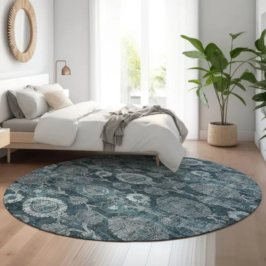 8' Teal And Gray Damask Washable Round Rug With UV Protection Photo 5