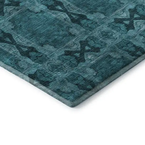 8' Teal And Gray Floral Medallion Washable Round Rug With UV Protection Photo 7