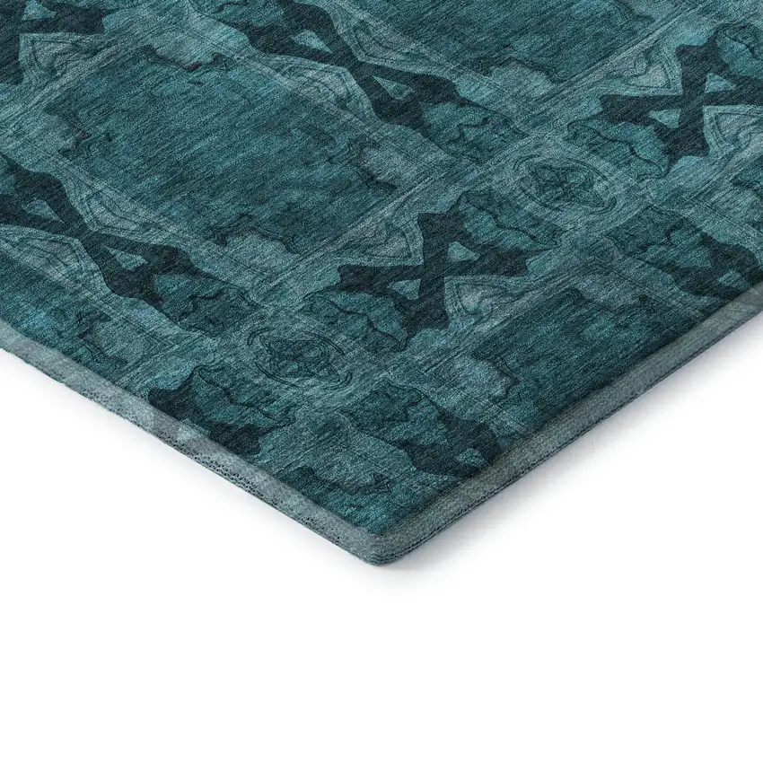 8' Teal And Gray Floral Medallion Washable Round Rug With UV Protection Photo 7