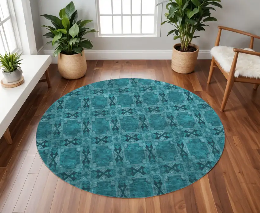 8' Teal And Gray Floral Medallion Washable Round Rug With UV Protection Photo 2