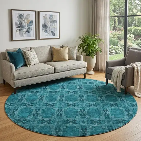 8' Teal And Gray Floral Medallion Washable Round Rug With UV Protection Photo 1