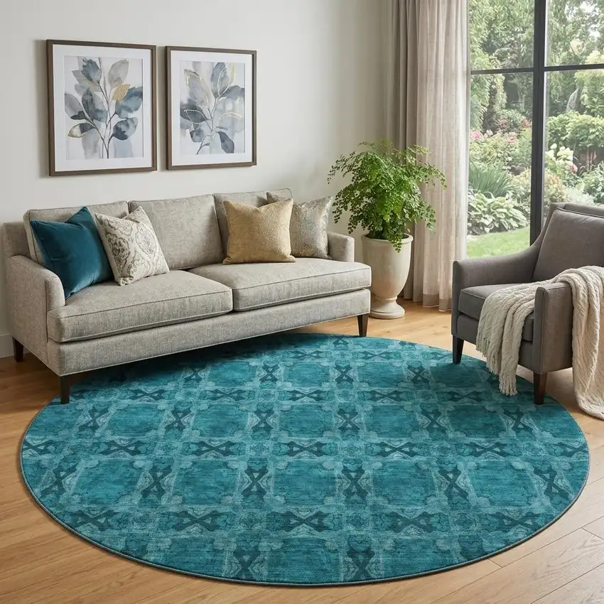 8' Teal And Gray Floral Medallion Washable Round Rug With UV Protection Photo 1