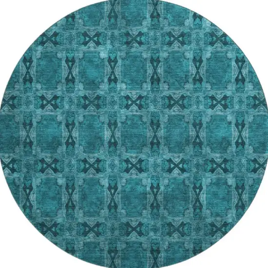 8' Teal And Gray Floral Medallion Washable Round Rug With UV Protection Photo 3