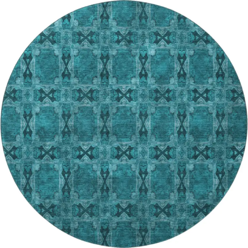 8' Teal And Gray Floral Medallion Washable Round Rug With UV Protection Photo 4