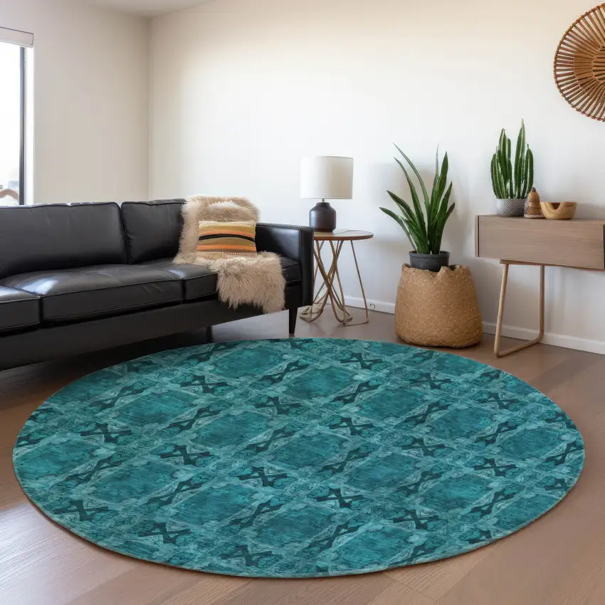 8' Teal And Gray Floral Medallion Washable Round Rug With UV Protection Photo 5