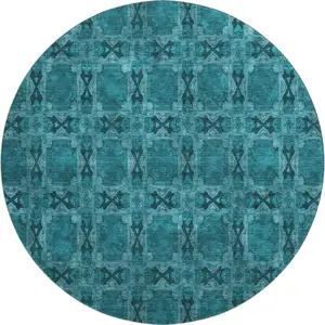 Photo of 8' Teal And Gray Floral Medallion Washable Round Rug With UV Protection