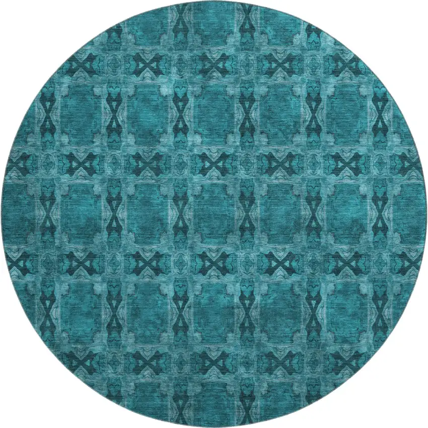 8' Teal And Gray Floral Medallion Washable Round Rug With UV Protection Photo 1