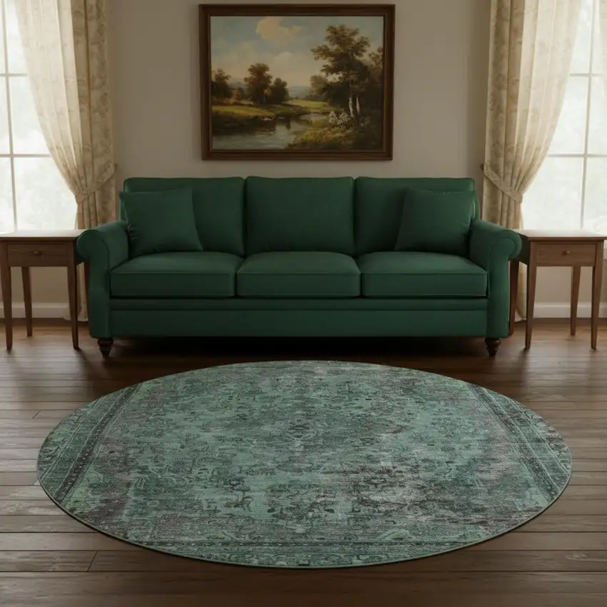 8' Teal And Gray Floral Medallion Washable Round Rug With UV Protection Photo 2