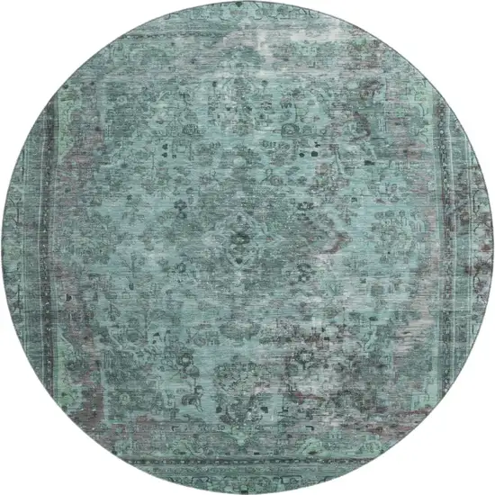 8' Teal And Gray Floral Medallion Washable Round Rug With UV Protection Photo 1