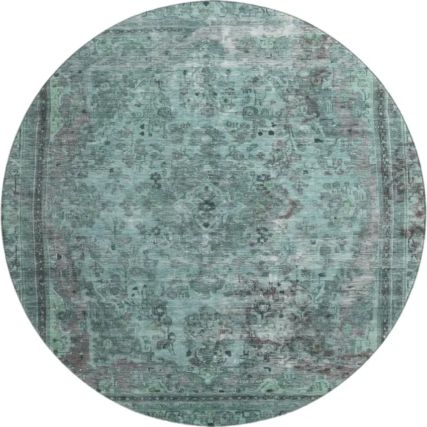 8' Teal And Gray Floral Medallion Washable Round Rug With UV Protection Photo 1