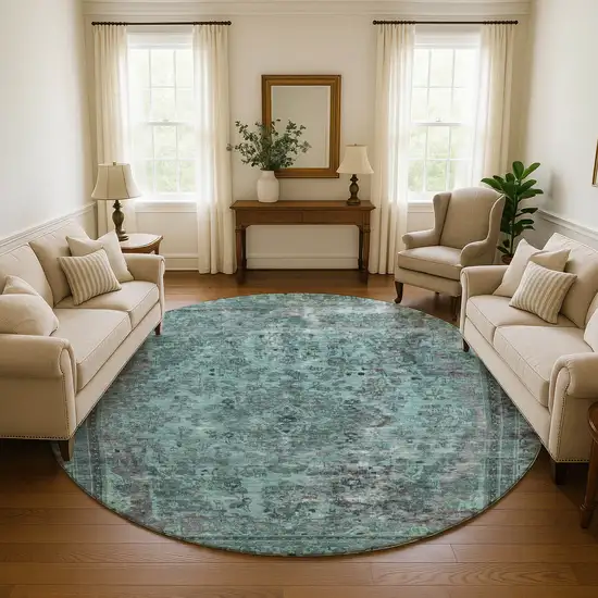 8' Teal And Gray Floral Medallion Washable Round Rug With UV Protection Photo 4