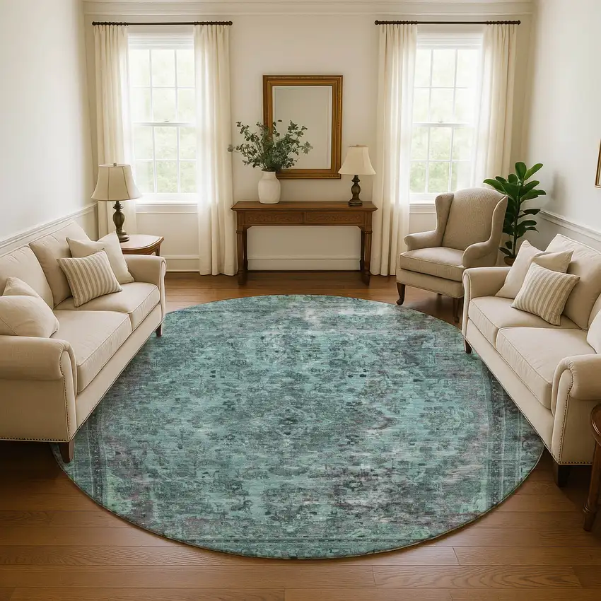 8' Teal And Gray Floral Medallion Washable Round Rug With UV Protection Photo 4