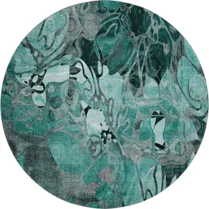 Photo of 8' Teal And Gray Floral Washable Round Rug With UV Protection